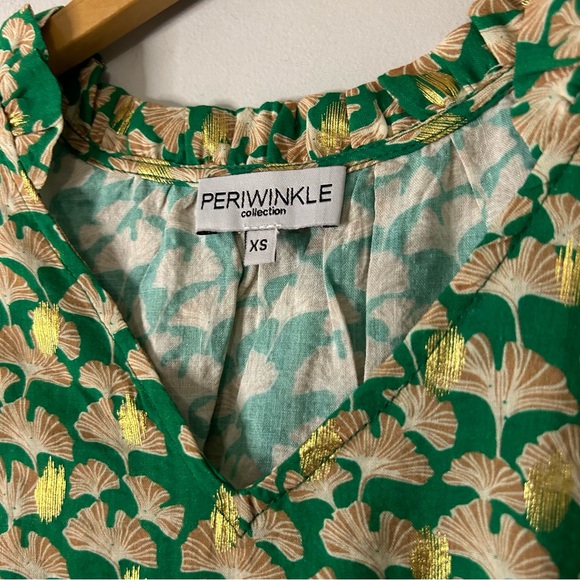 Periwinkle Collection Boutique Green Metallic Gold Printed Ruffle Blouse - Picture 7 of 8
